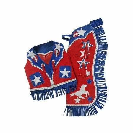 “Tough-1 kids western leather chaps and vest set with barrel horse and star design, size small”