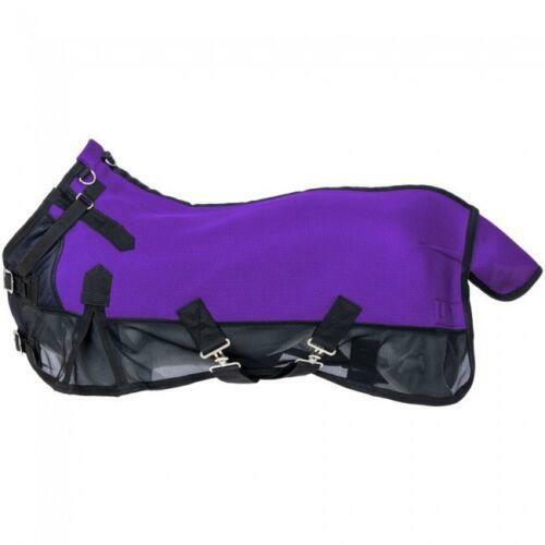 Mini horse wearing Tough1 air mesh fly sheet with Snuggit neck in purple, breathable insect protection.