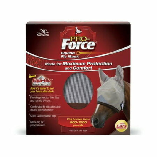 Pro Force Equine Fly Mask packaging with horse wearing mask on white background