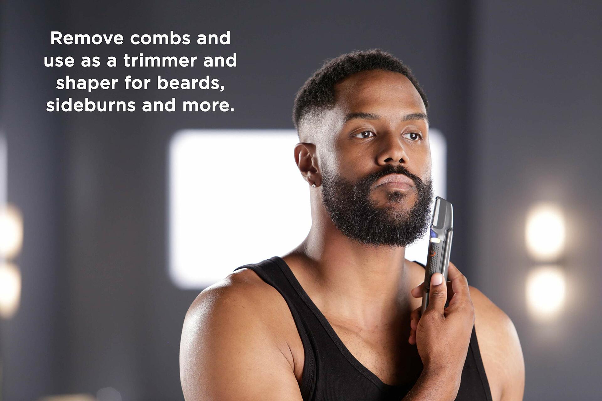 Man holding a grooming tool with text about its uses