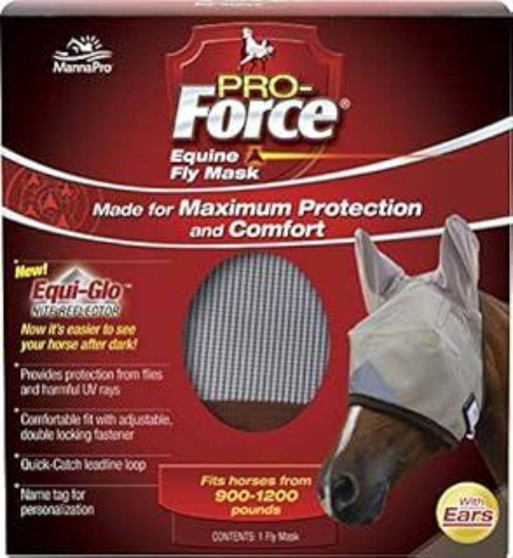 Manna Pro Pro-Force fly mask for horses with adjustable fit and ear protection, durable insect shield.
