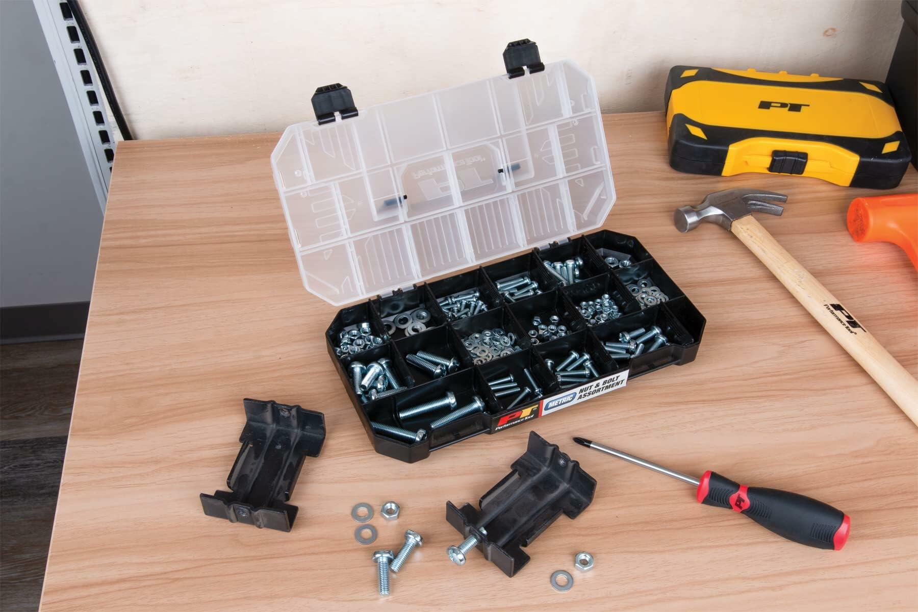 Performance Tool W5264 740pc Hardware Assortment Kit with SEA & Metric Nuts, Bolts & Washers, Stacking Interlocking Clear Lid Bins for Maximum Portability, Black