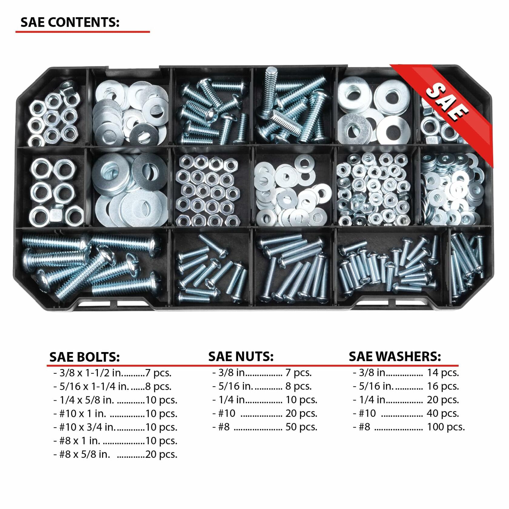 Performance Tool W5264 740pc Hardware Assortment Kit with SEA & Metric Nuts, Bolts & Washers, Stacking Interlocking Clear Lid Bins for Maximum Portability, Black