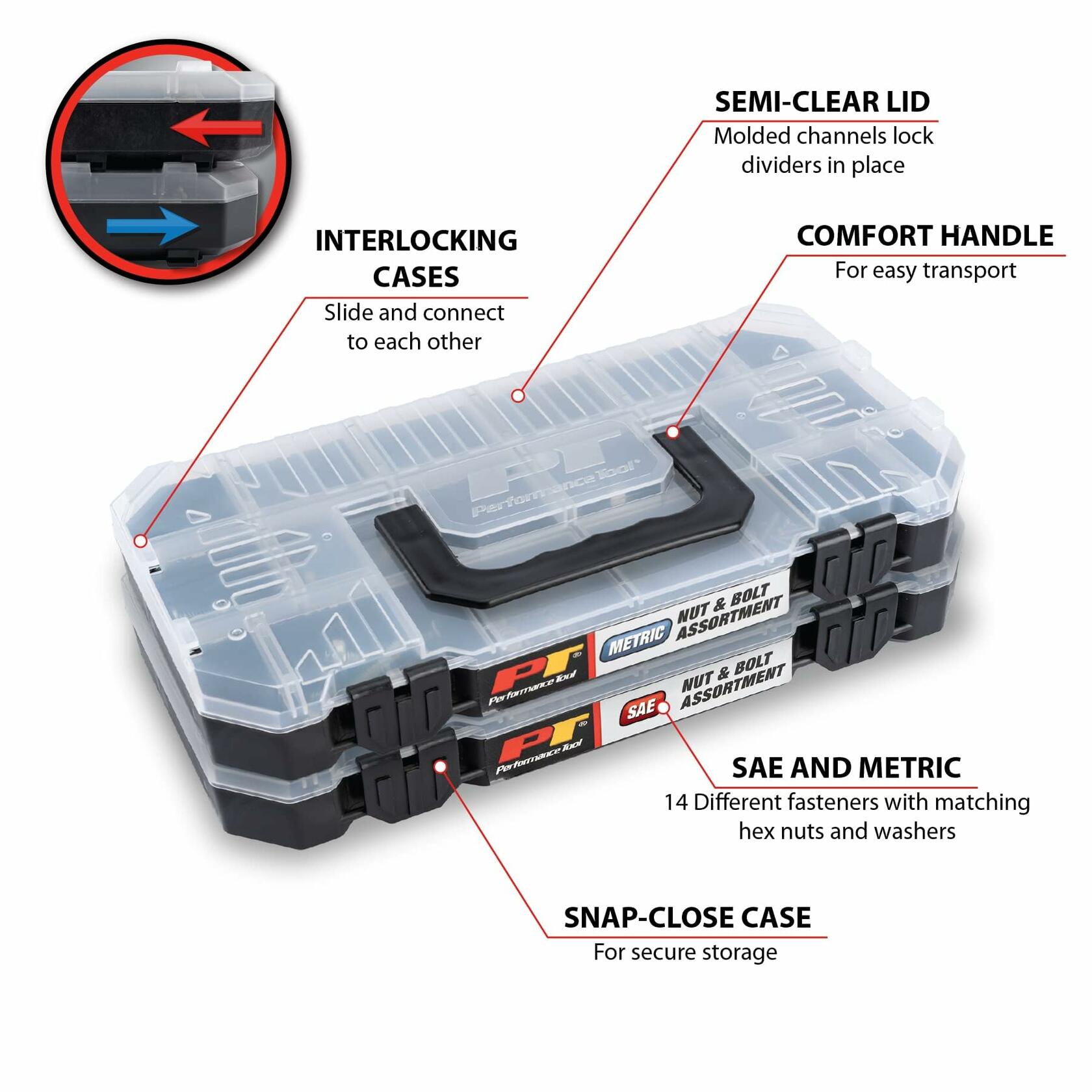 Performance Tool W5264 740pc Hardware Assortment Kit with SEA & Metric Nuts, Bolts & Washers, Stacking Interlocking Clear Lid Bins for Maximum Portability, Black