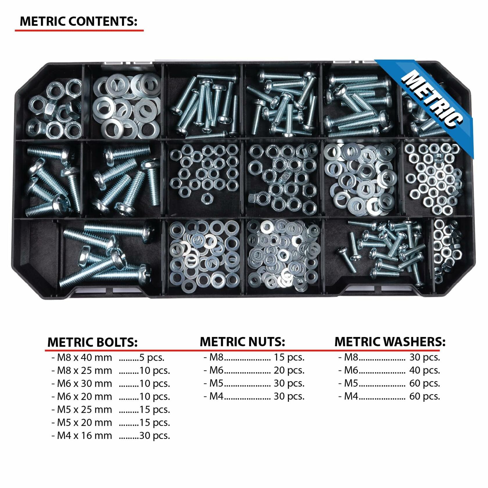 Performance Tool W5264 740pc Hardware Assortment Kit with SEA & Metric Nuts, Bolts & Washers, Stacking Interlocking Clear Lid Bins for Maximum Portability, Black