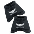 Two black protective gear straps with 'Relentless' logo on a white background