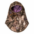 TREEZYN women's camo hunting face mask with purple HexFlow lining and embroidered VIXZYN logo.