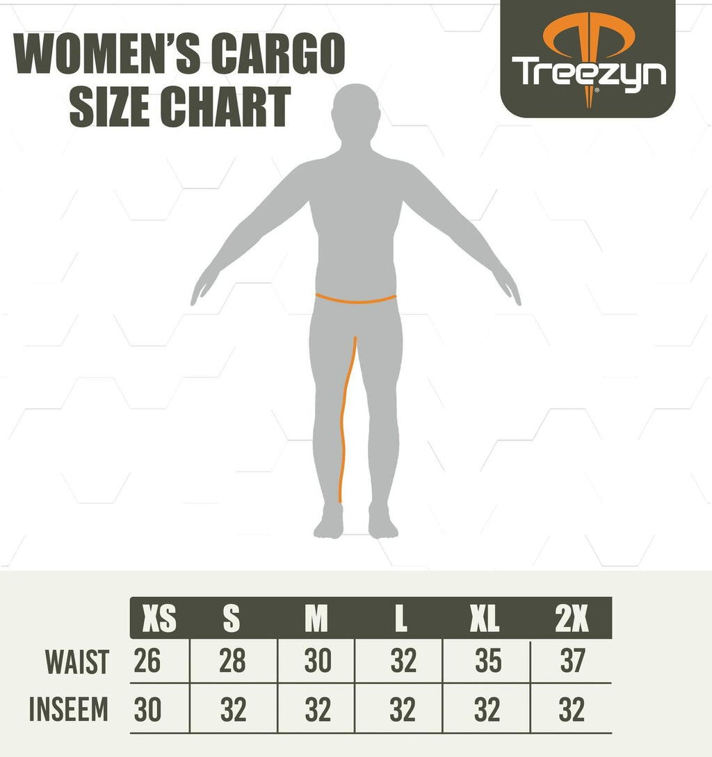 Treezyn women's cargo size chart with a gray silhouette and measurement details.
