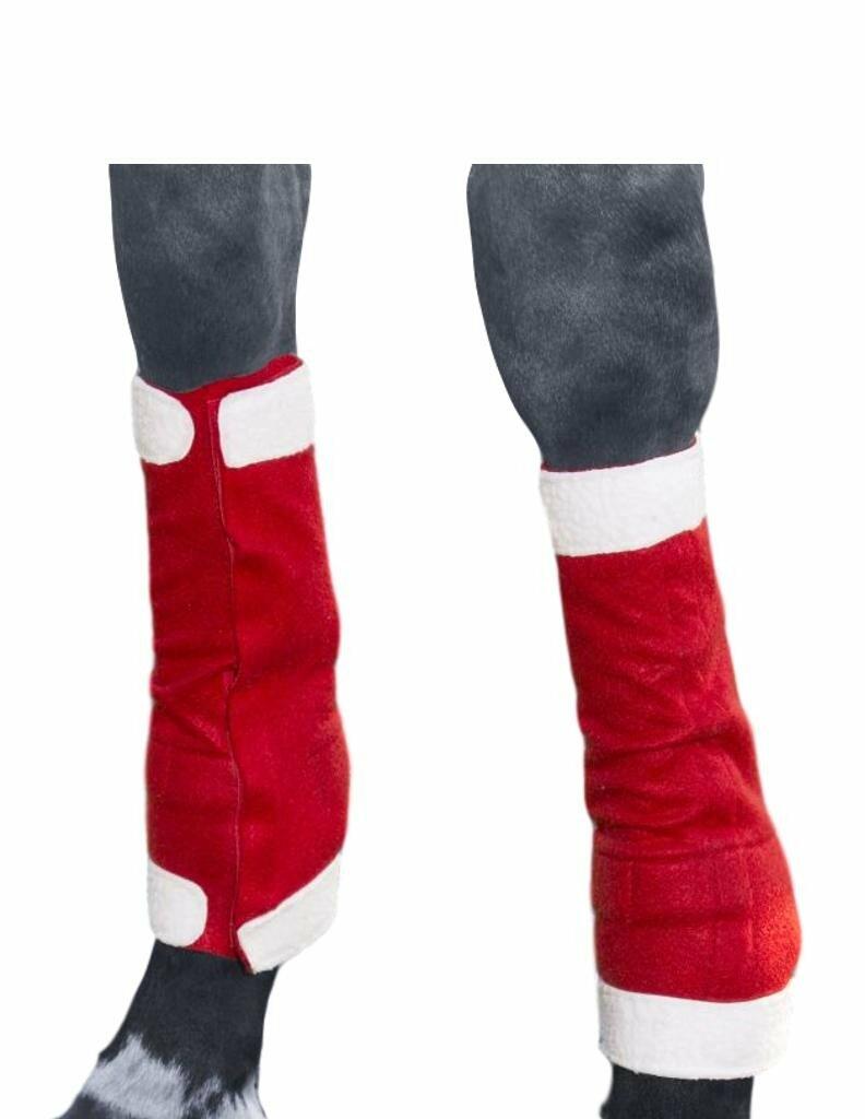 Red leg warmers with white accents worn over gray pants on a white background