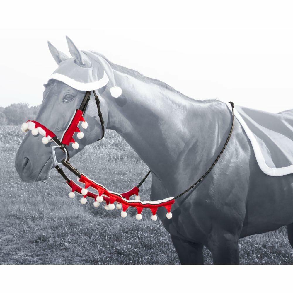 Horse wearing Holiday Santa Halter and Rein Cover Set, perfect for Christmas parades and festive photo shoots