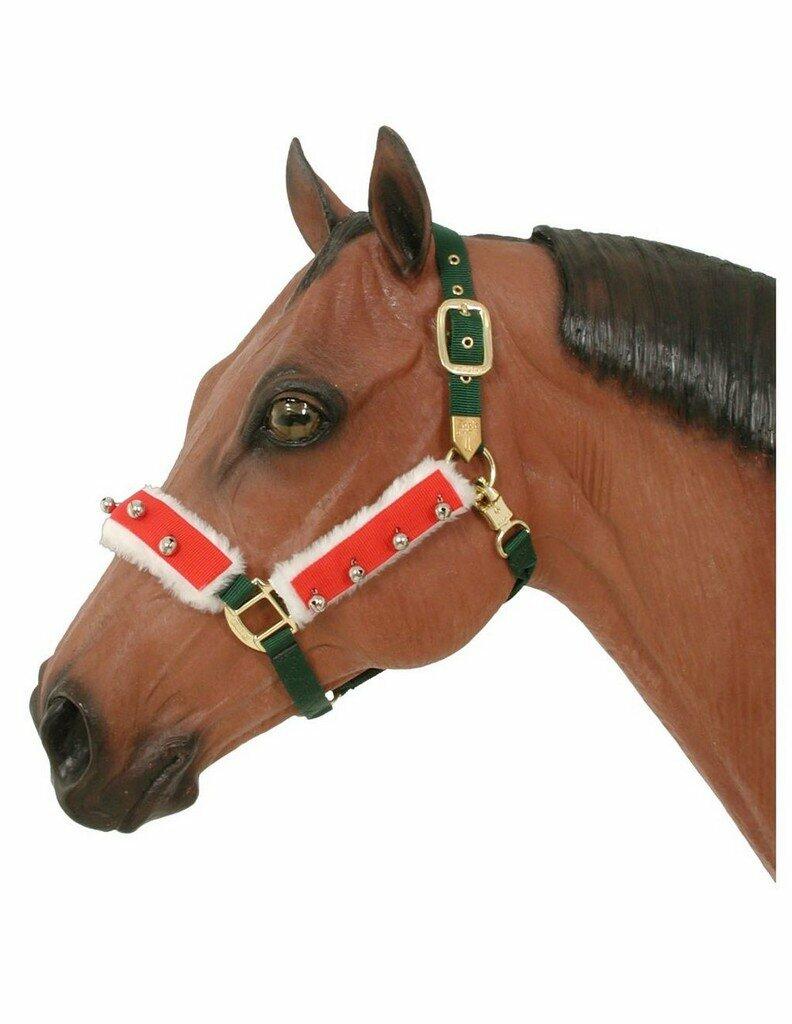 Horse wearing Holiday Halter/Bridle Accessory Set with bells, perfect for Christmas parades and holiday photos