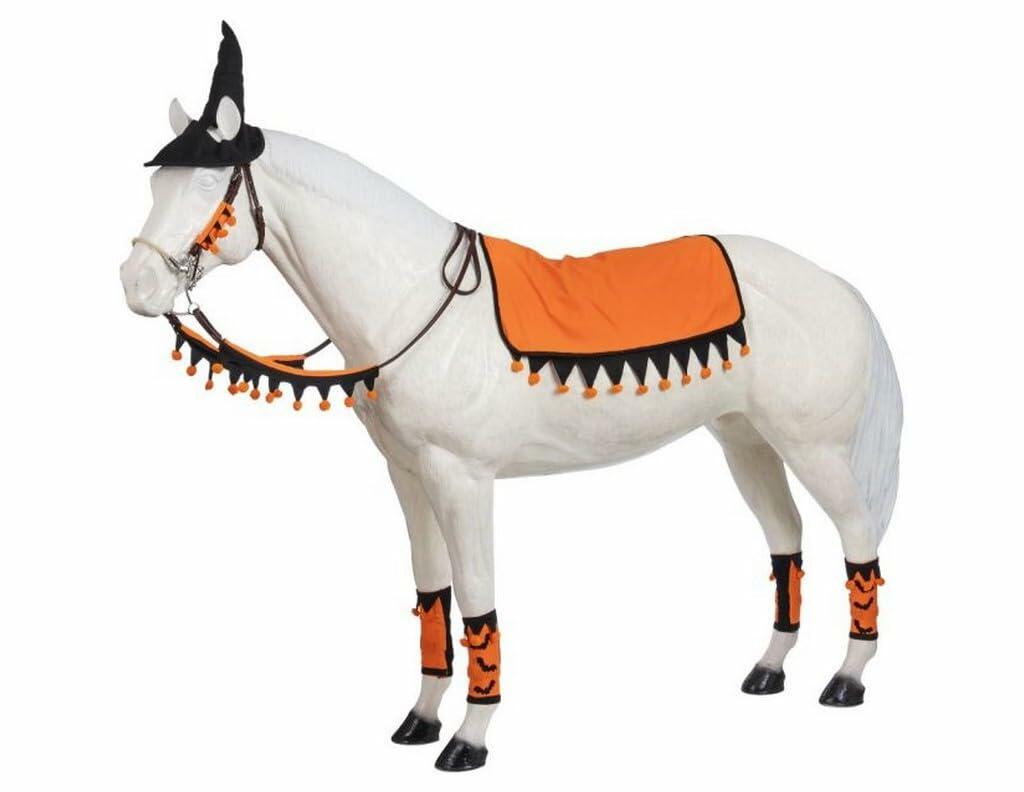 White horse with Halloween-themed tack and blanket on a white background