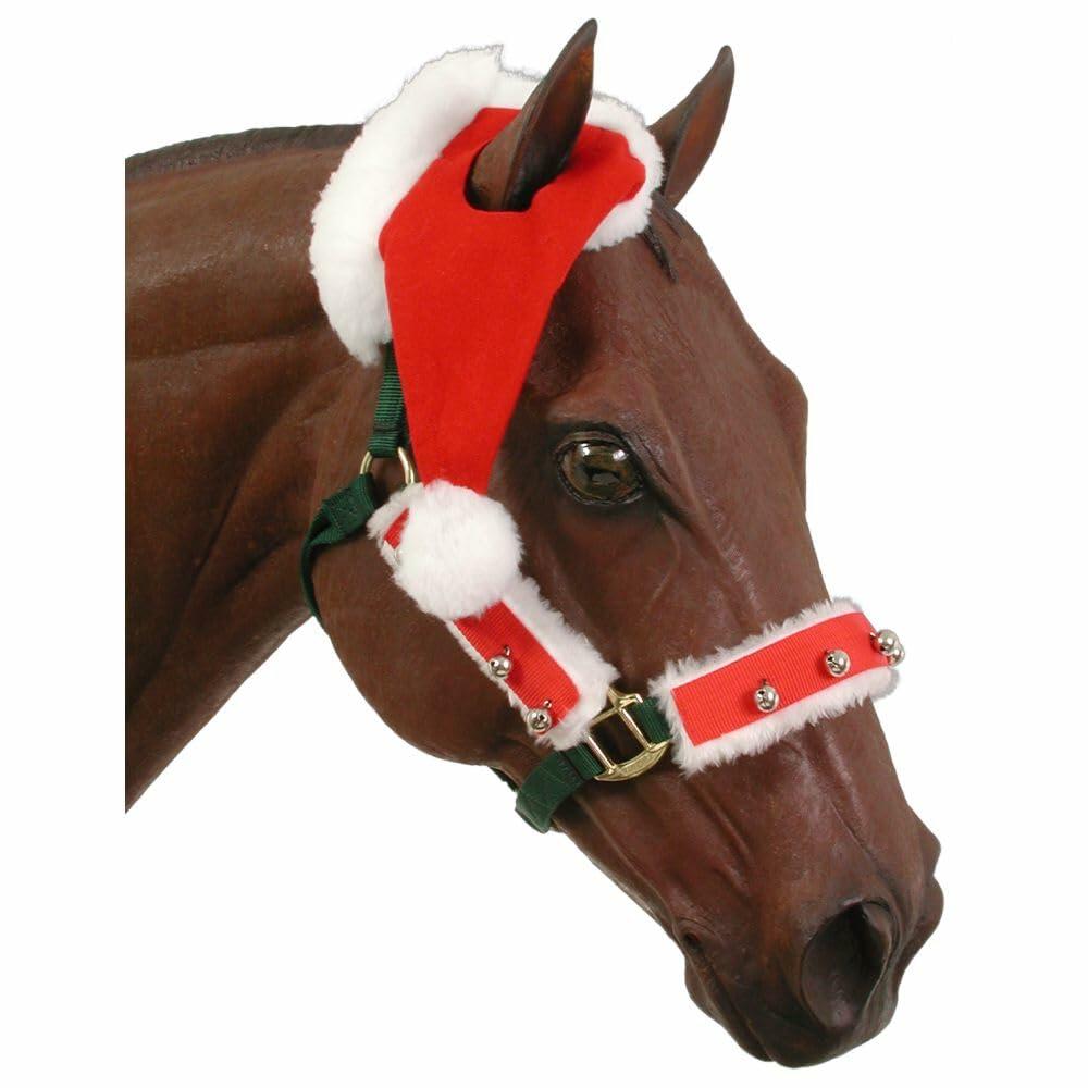 Horse wearing Tough 1 One Ear Santa Hat in red felt with white fleece trim for Christmas parades and holiday photos