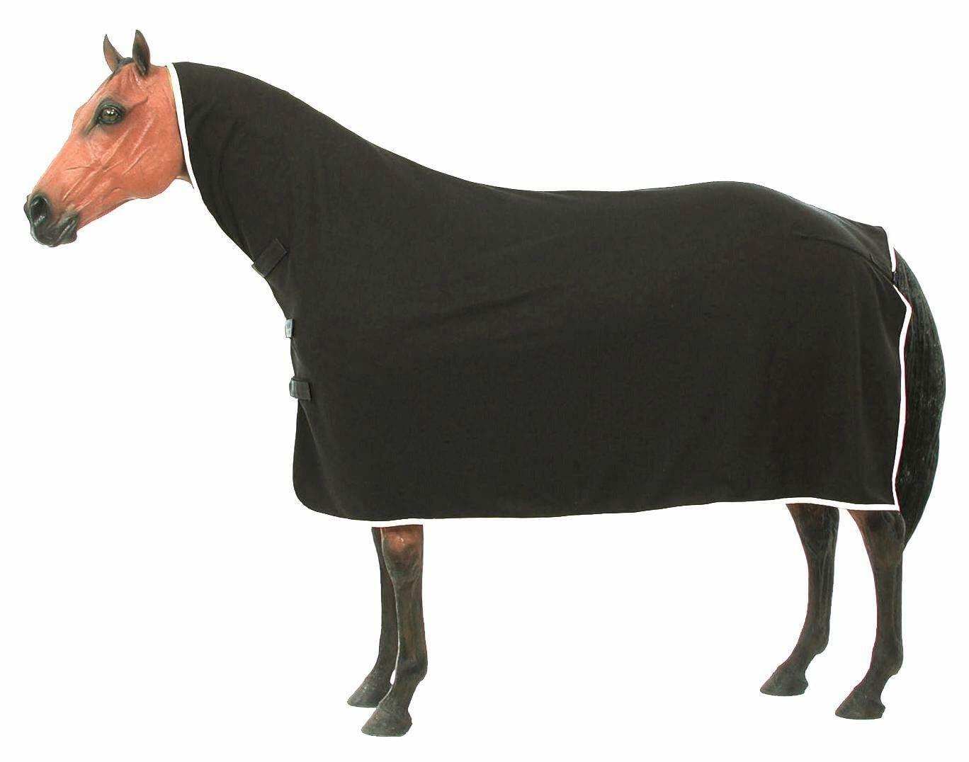 Horse wearing Tough-1 Softfleece Contour Cooler blanket with extended neck, designed for moisture wicking and warmth