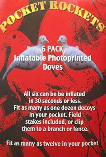 Advertisement for Pocket Rockets inflatable photoprinted doves packaging on a red background.
