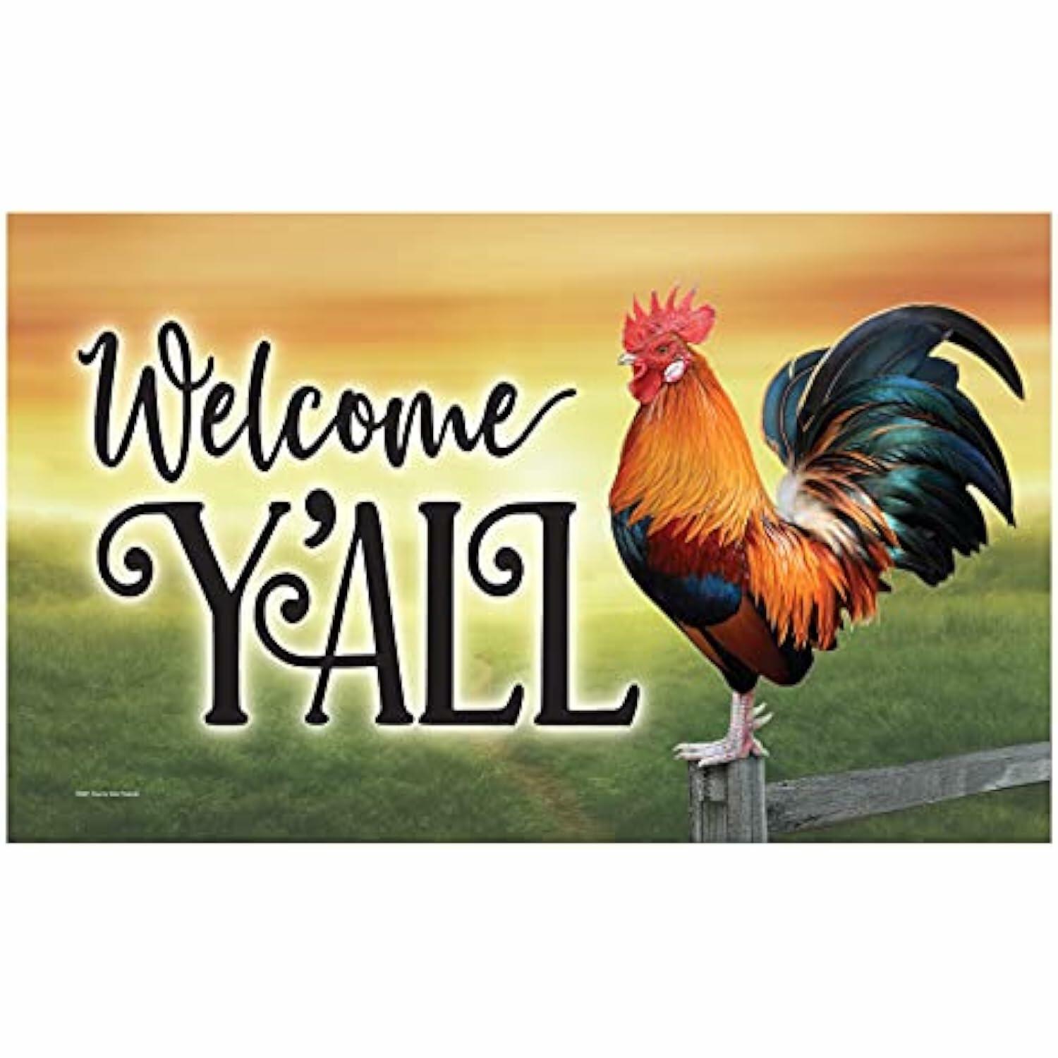 Rooster on a fence with 'Welcome Y'all' text against a sunset background