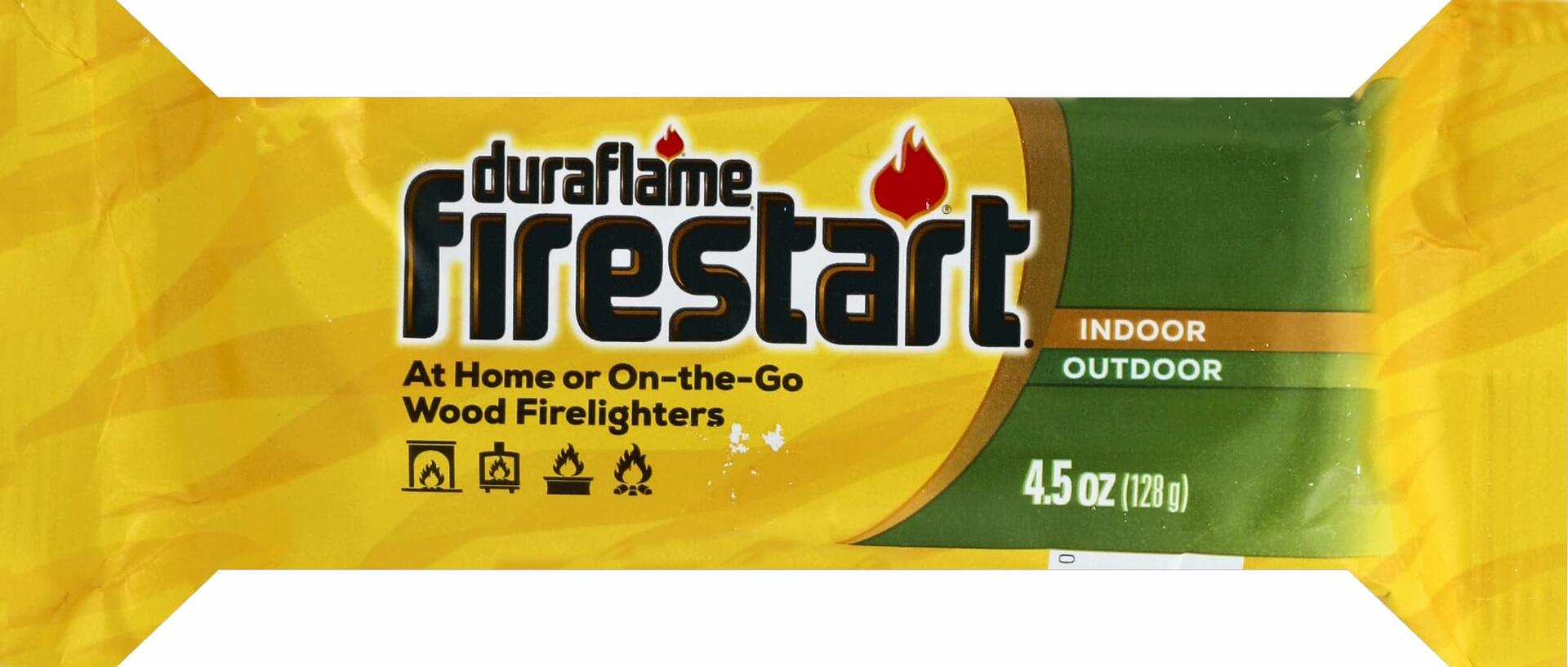 Durafame Firestart wood firelighter packaging with yellow and green design.