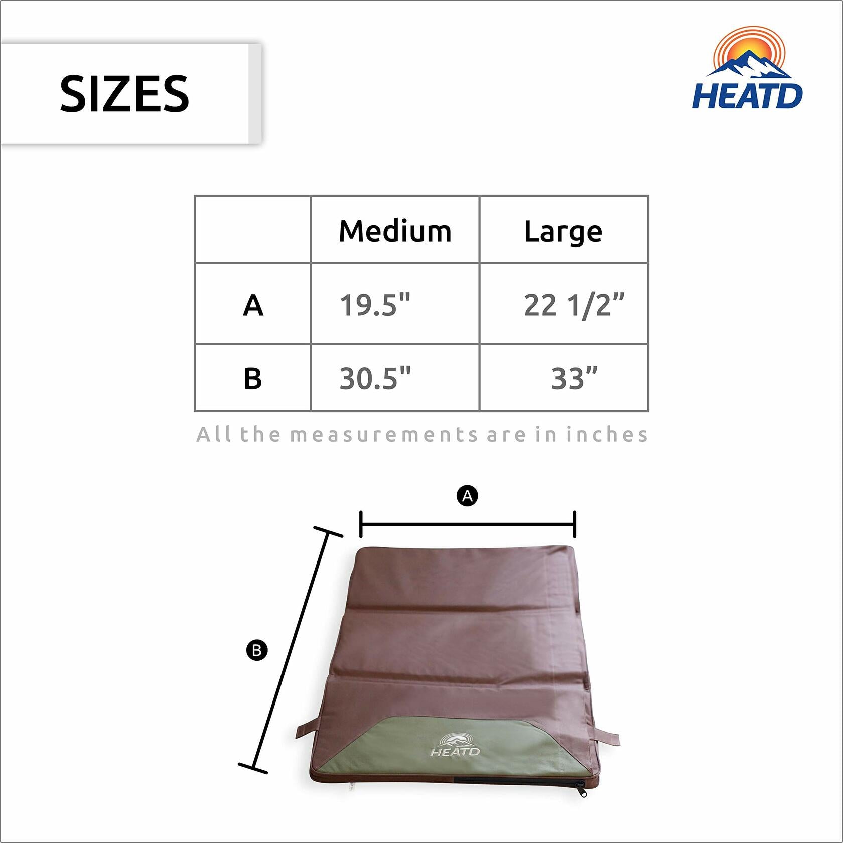 Size chart for a sleeping pad with measurements in inches, featuring the HEATD brand logo.