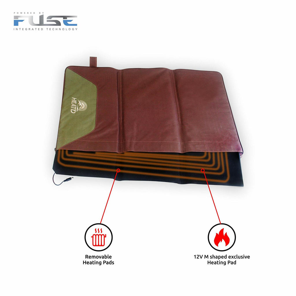 Heated mat with removable heating pads and 12V M-shaped exclusive heating pad on a white background, branded 'Fuse'.
