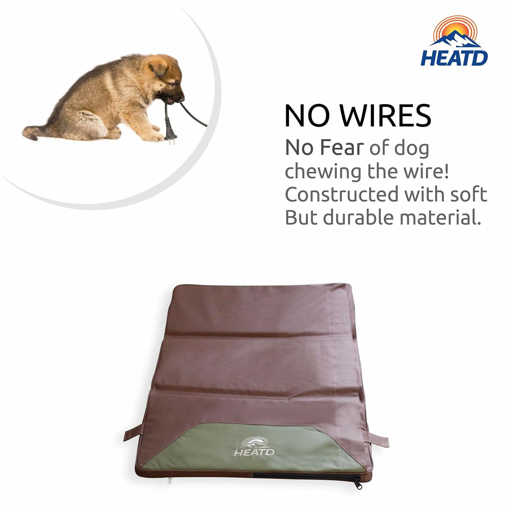 Dog chew toy with HEATD branding and text about durability.