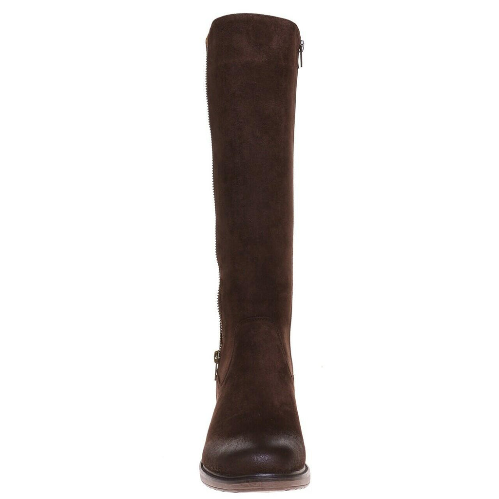 Brown knee-high boot on a white background