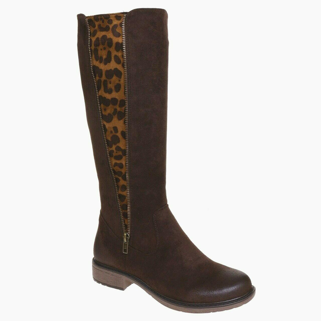 Brown knee-high boot with leopard print zipper on a white background