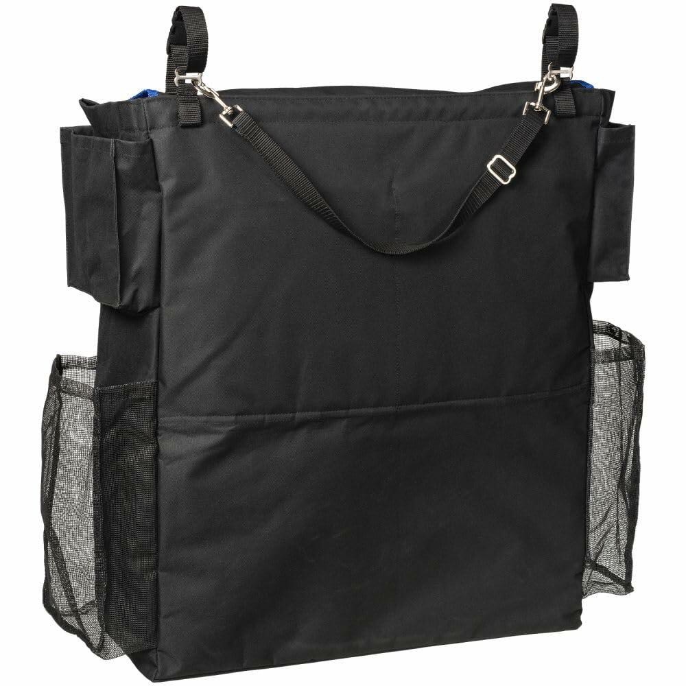 Black car organizer with multiple pockets and straps on a white background