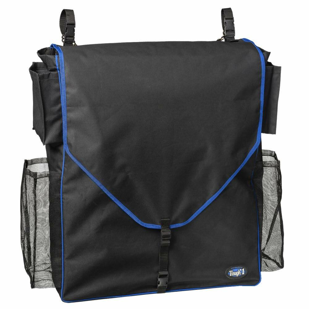 Black and blue bag with mesh sides on a white background