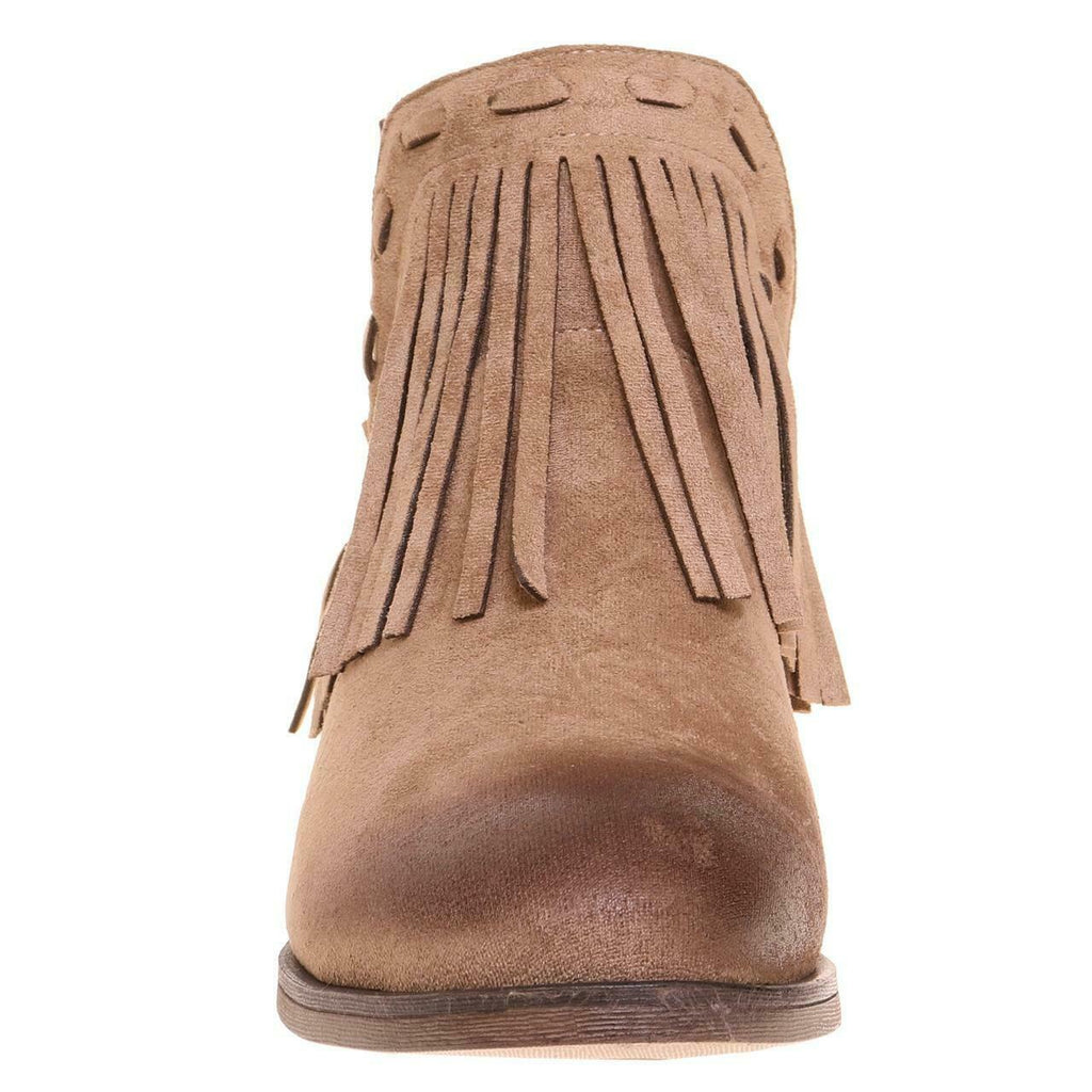 Brown suede boot with fringes on a white background