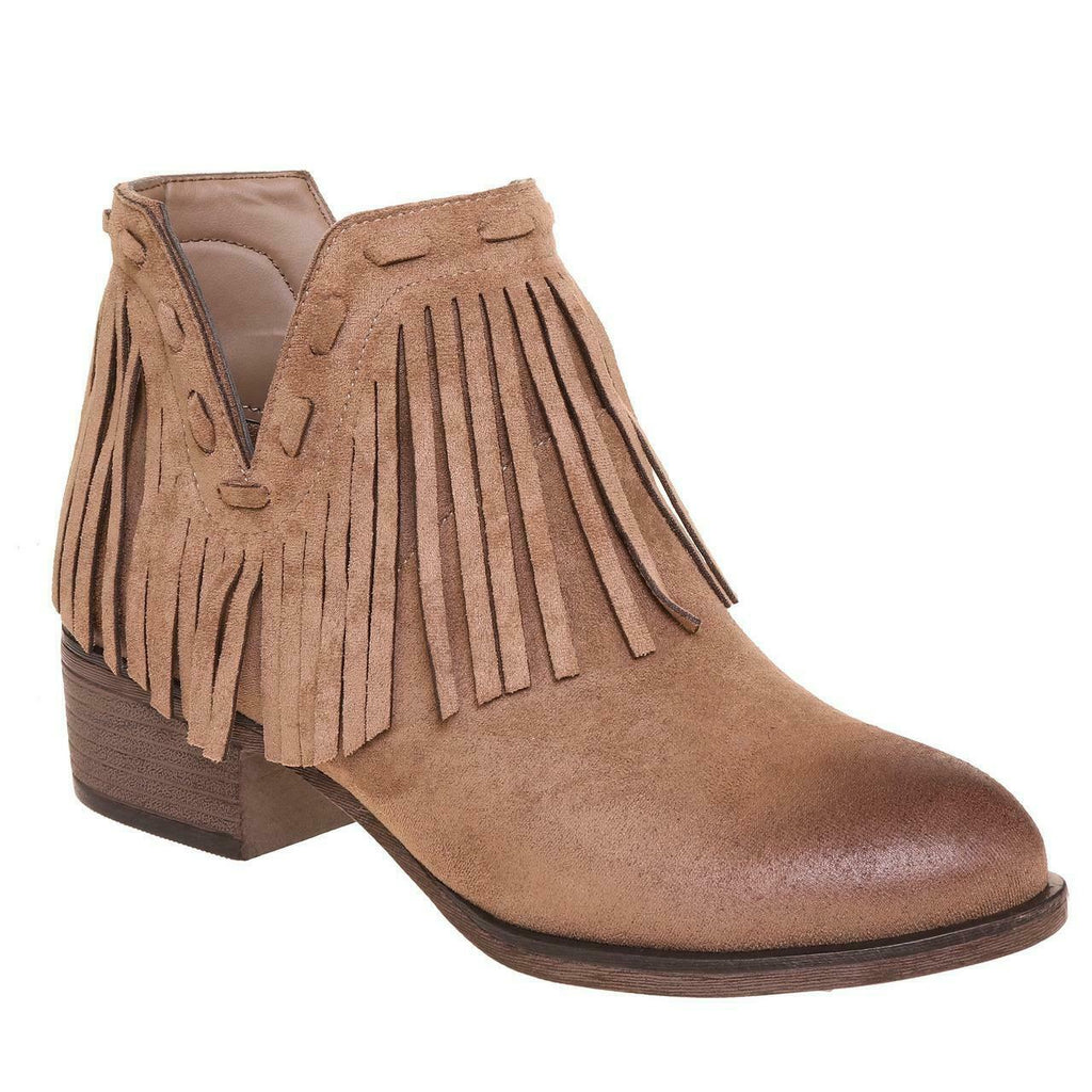 Tan suede fringe boot on a white background