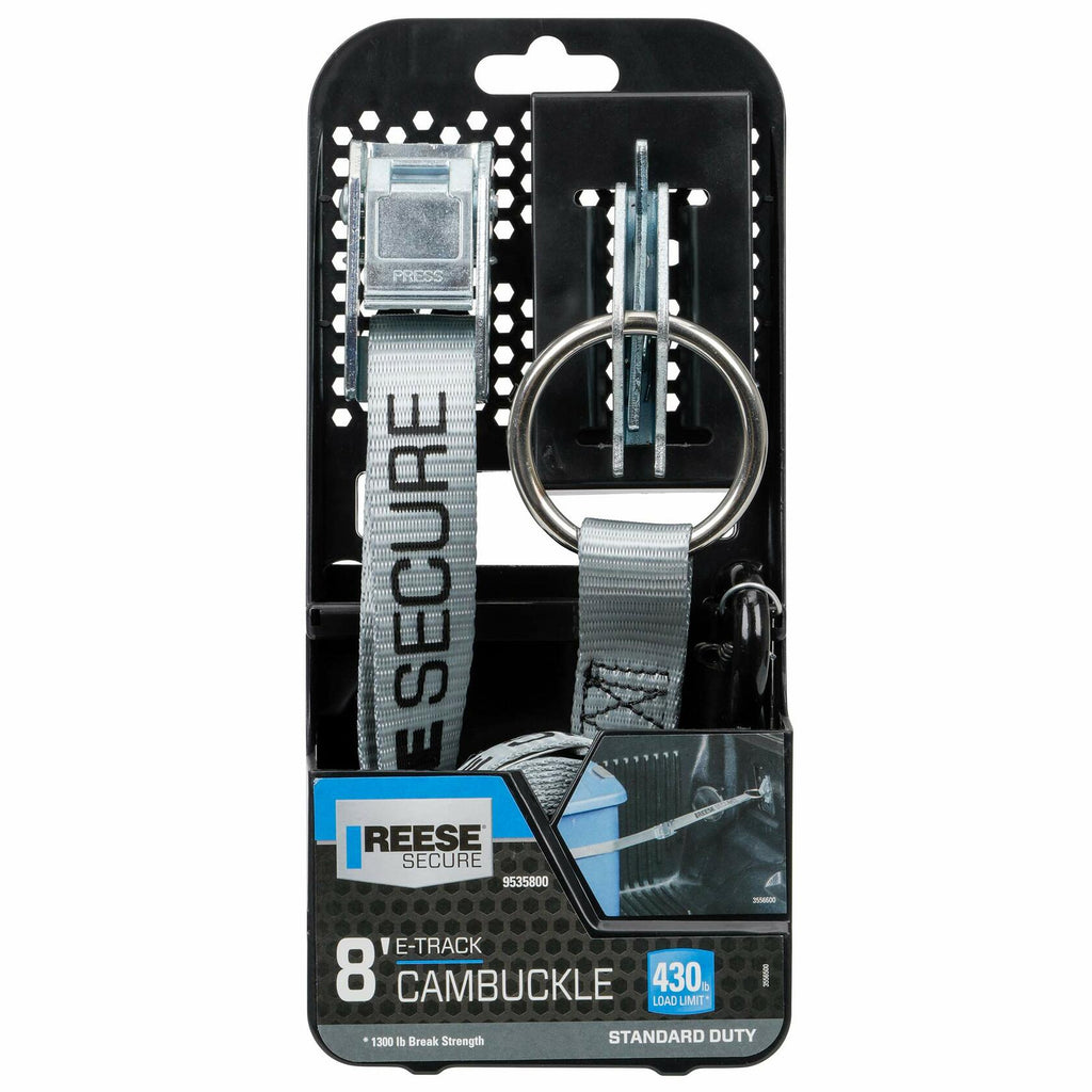 Reese Secure E-Track Cambuckle packaging with strap and ring on a white background