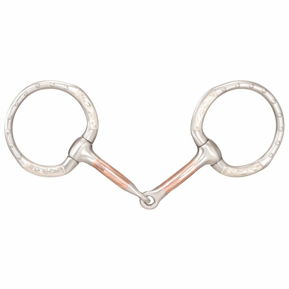 Silver and rose gold bridle bit on a white background