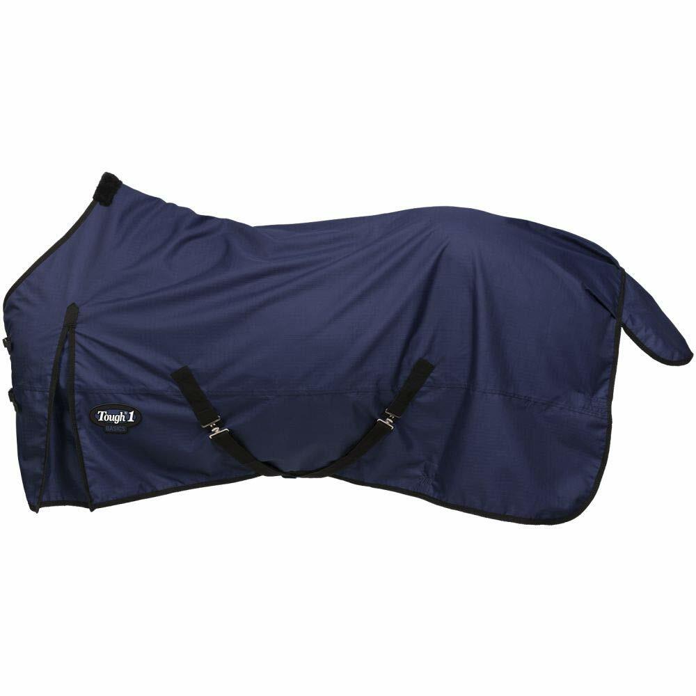 Navy blue horse blanket with black straps on a white background