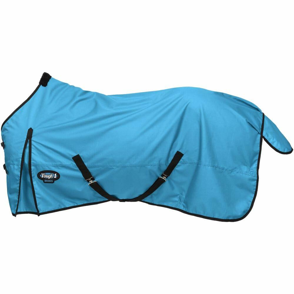 Blue horse blanket with black straps on a white background