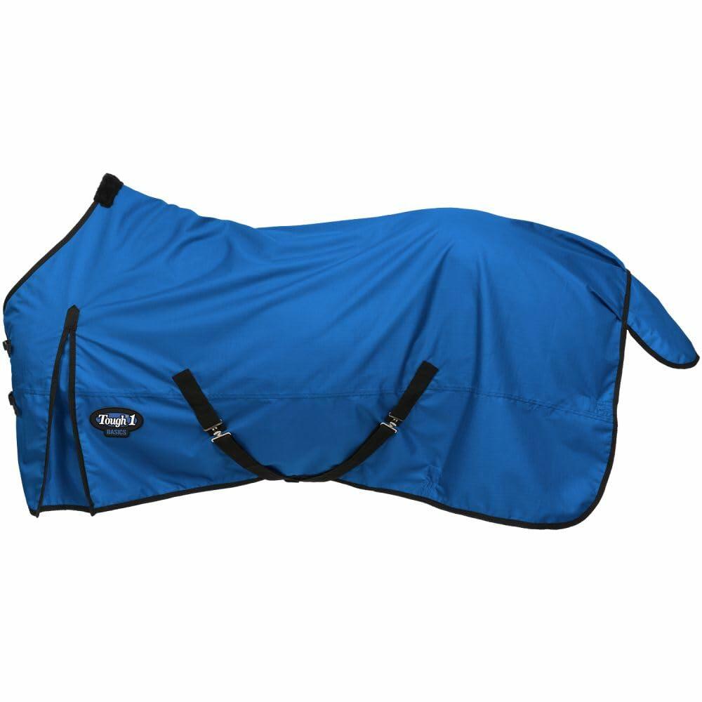 Blue horse blanket with black straps on a white background