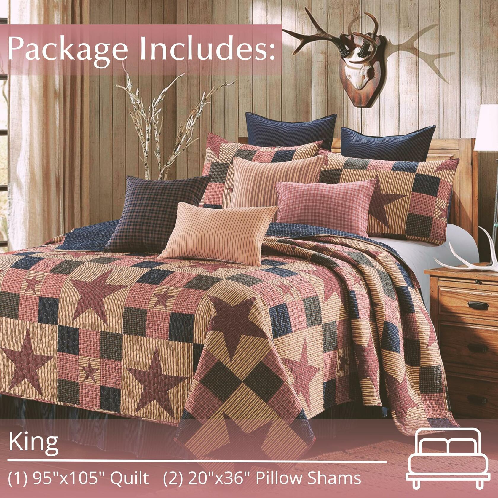 Bedding set with quilt and pillow shams on a bed, including package details.
