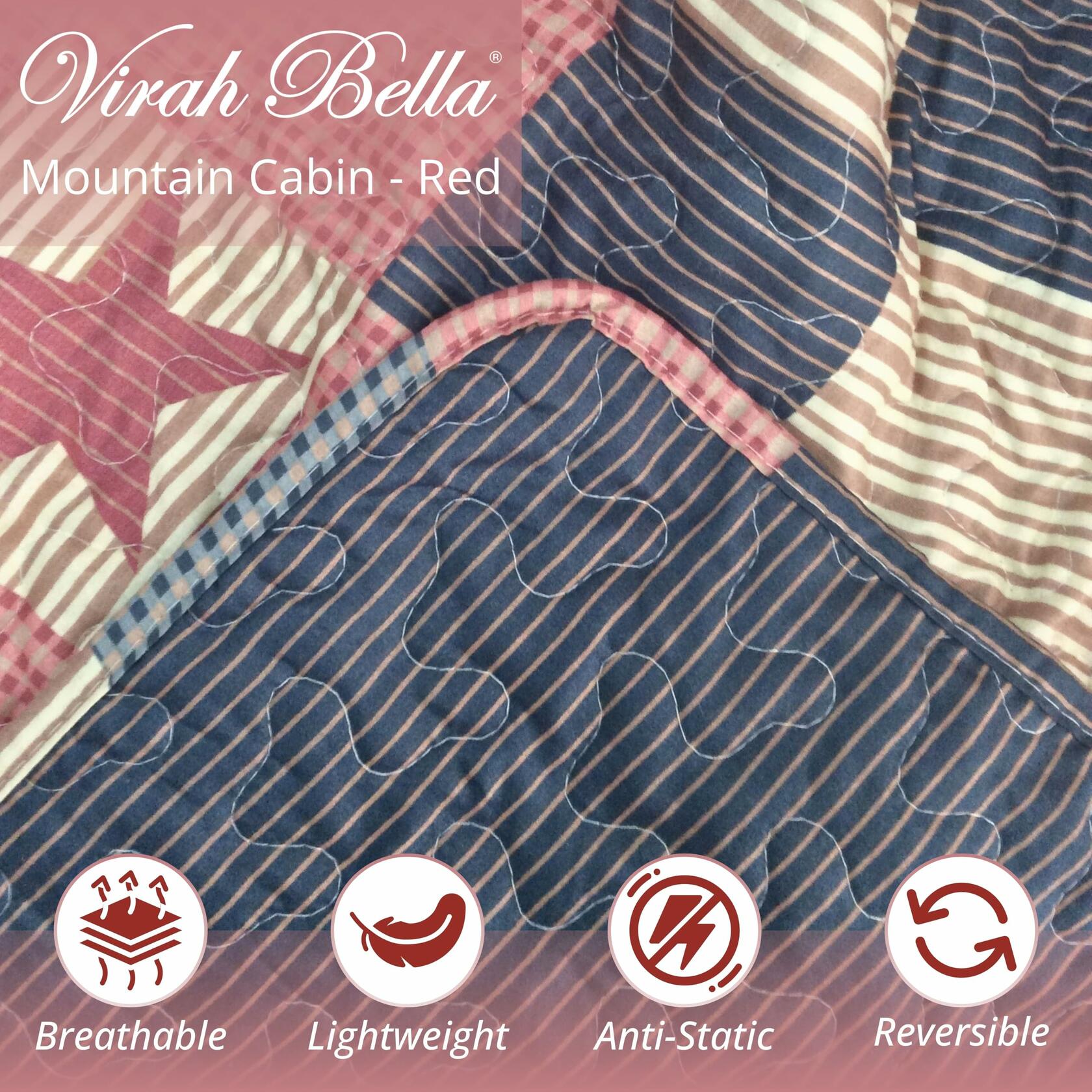 Textile with 'Virah Bella' branding and mountain cabin design, featuring fabric properties on a beige background.