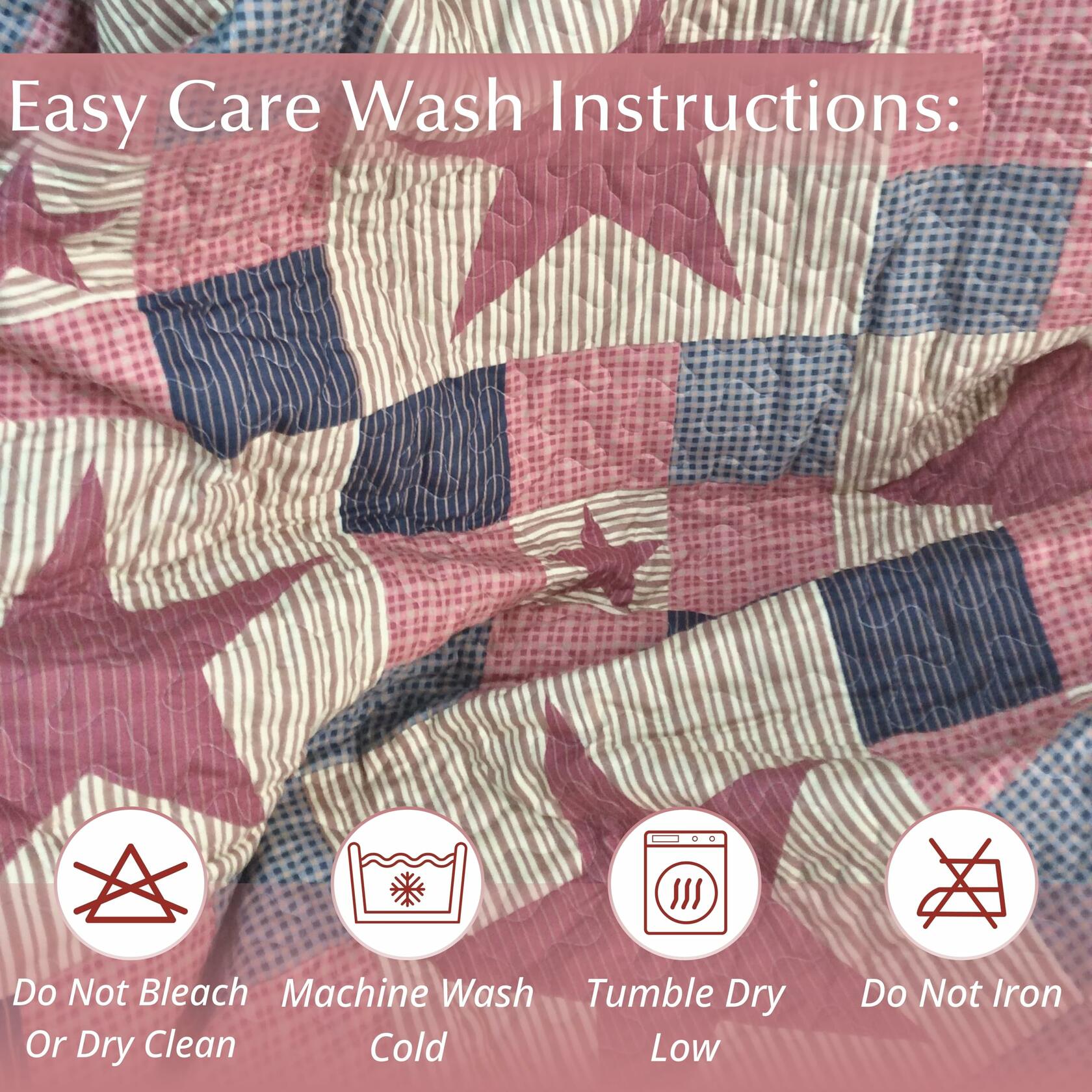 Patchwork quilt with washing instructions on a pink background