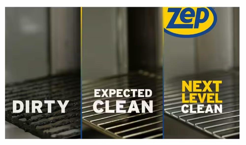 Comparison of a grill grate labeled 'Dirty', 'Expected Clean', and 'Next Level Clean' with Zep logo.