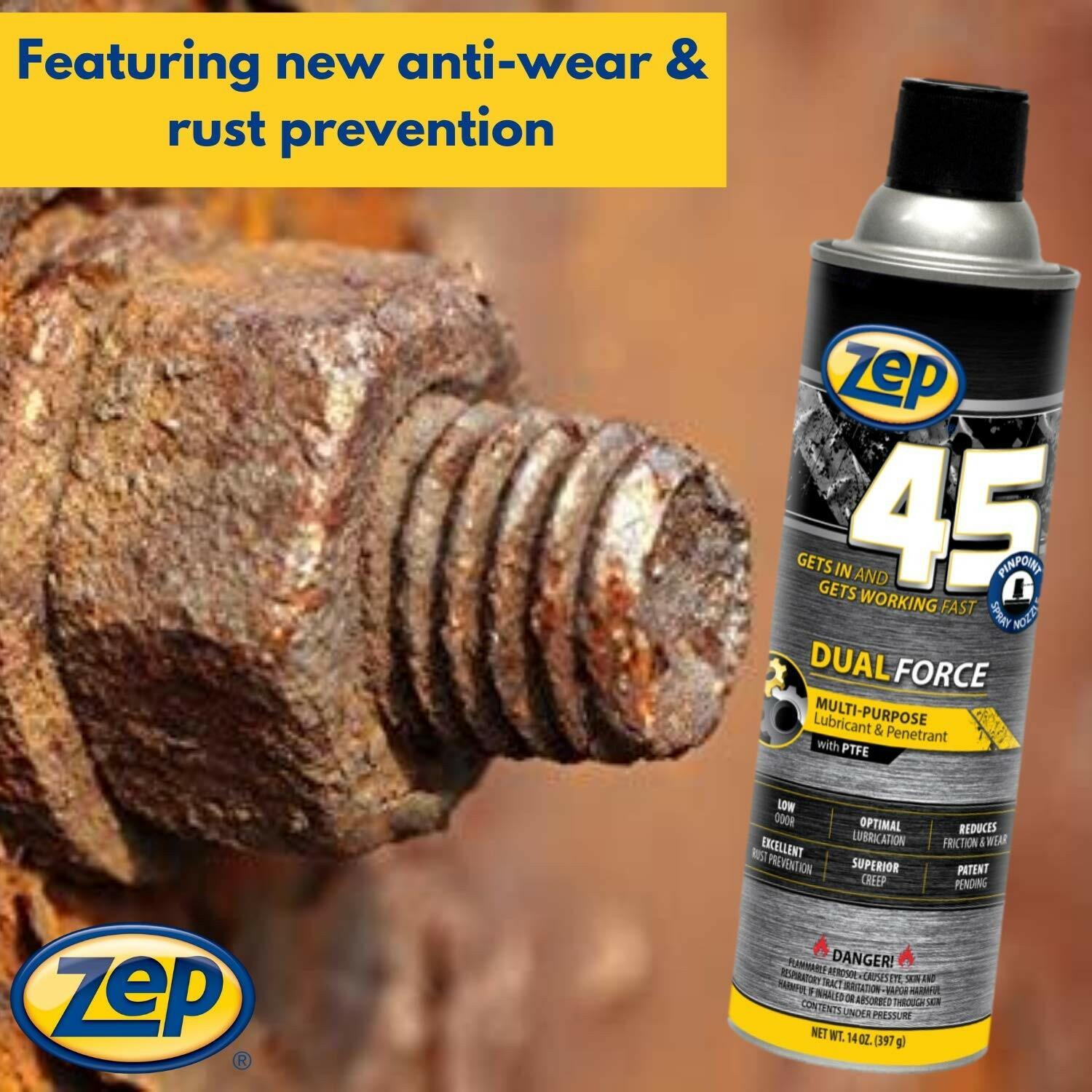 Zep Dual Force multi-purpose cleaner with rust prevention feature on a rusty bolt.