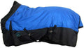 Blue and black horse blanket on a white background