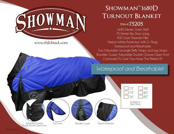Showman turnout blanket with product details on a red and white background