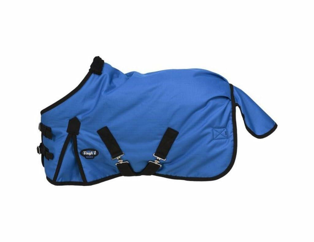 Blue horse blanket with black straps on a white background