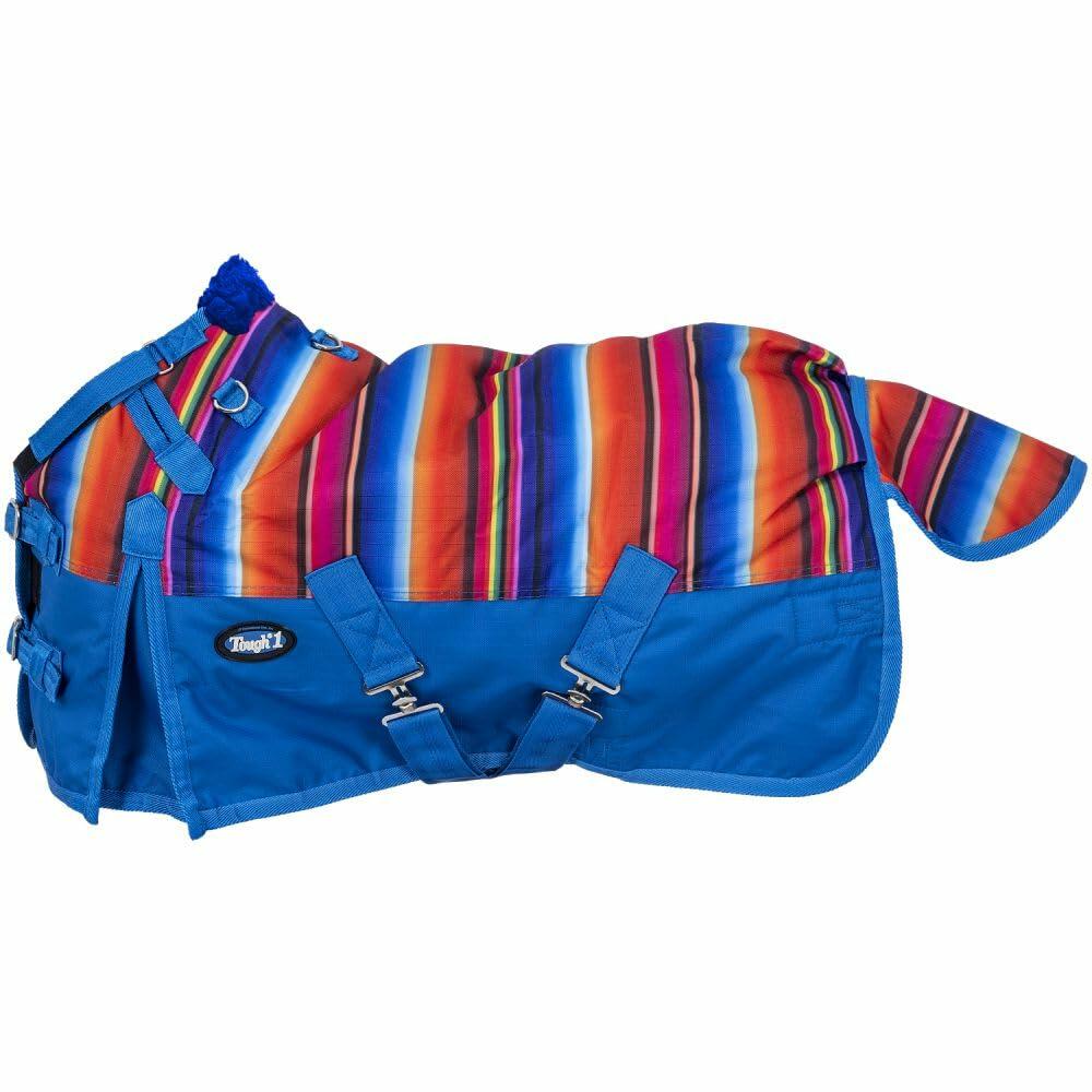Colorful striped horse blanket with blue straps on a white background