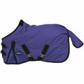 Purple horse blanket with black straps on a white background