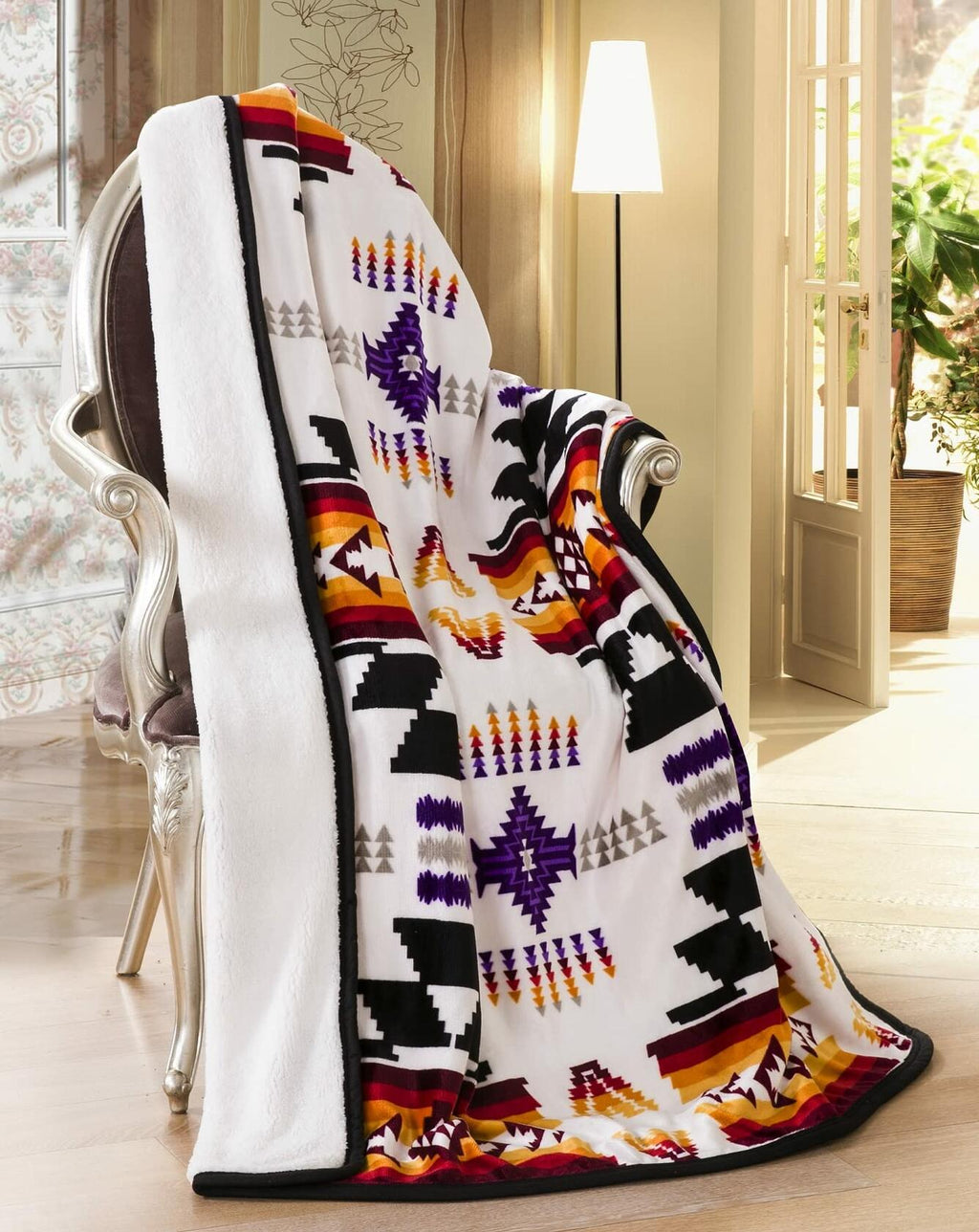 Nu Trendz Signature Southwest Design (Navajo Print) Sherpa Lined Throw White