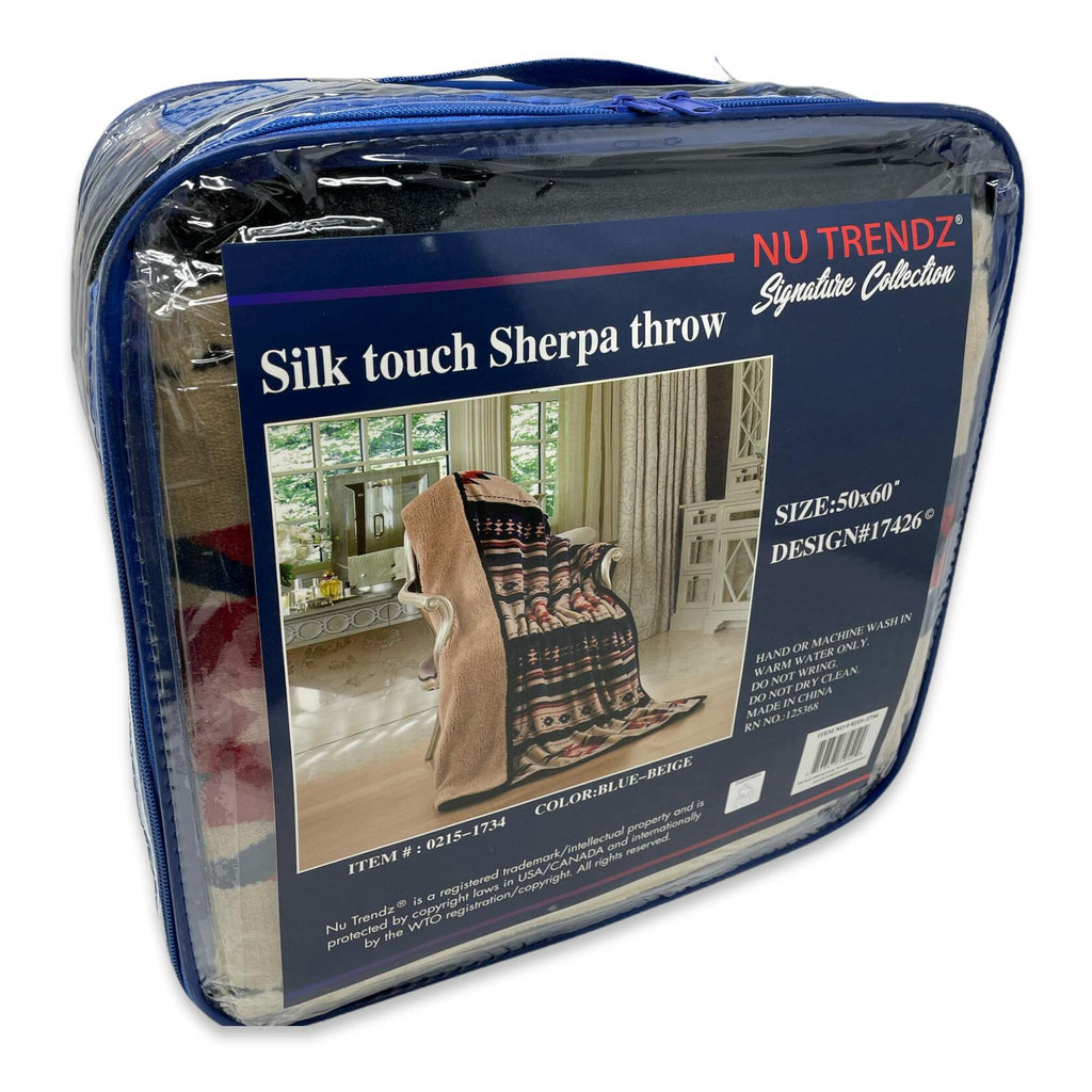 Packaged Silk touch Sherpa throw blanket with Nu Trendz branding on a white background