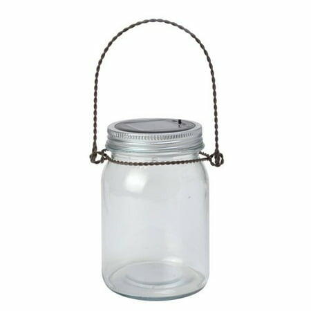 Clear glass jar with metal lid and hanging chain on a white background