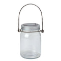 Clear glass jar with metal lid and rope handle on a white background