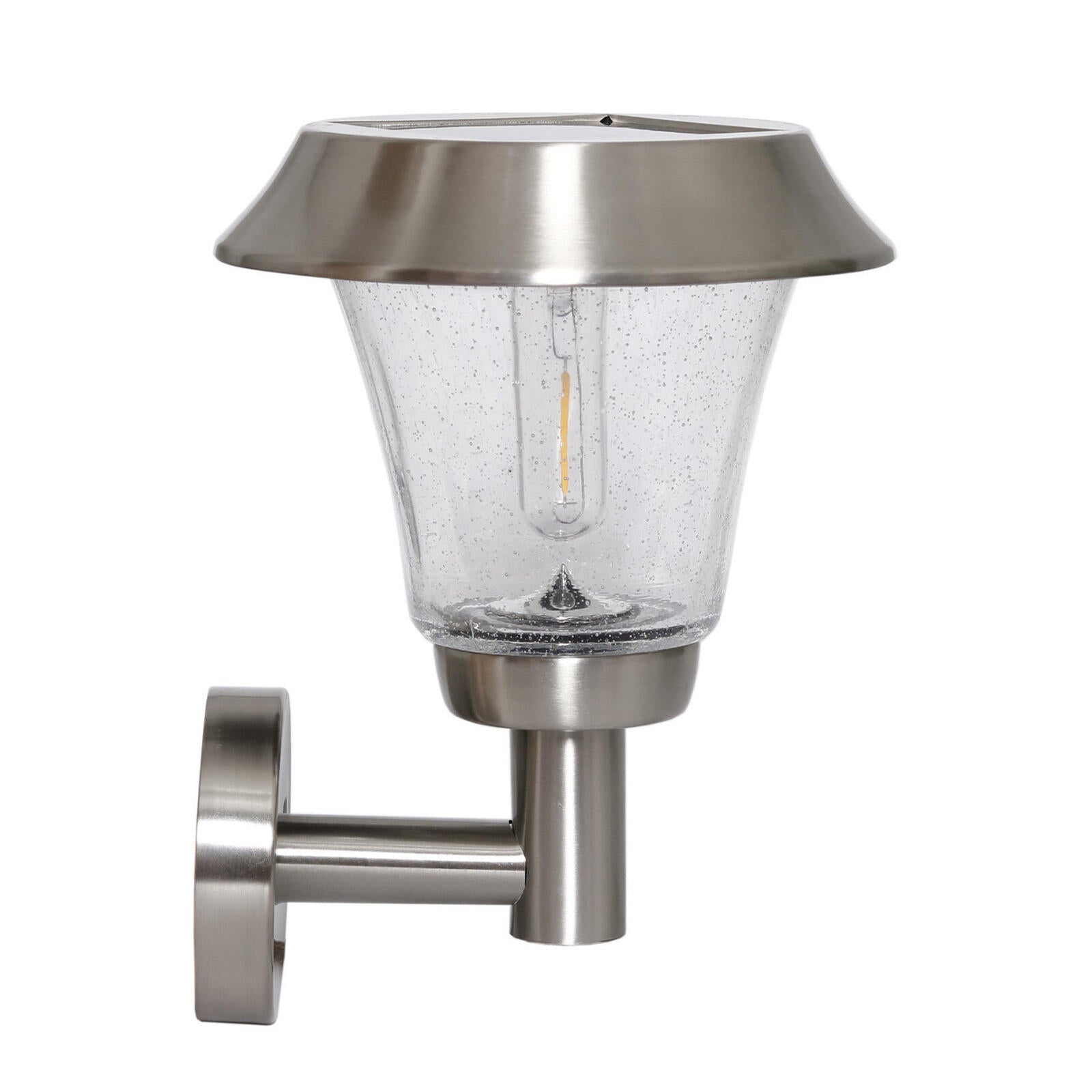 Stainless steel outdoor wall light fixture with clear glass cover on a white background